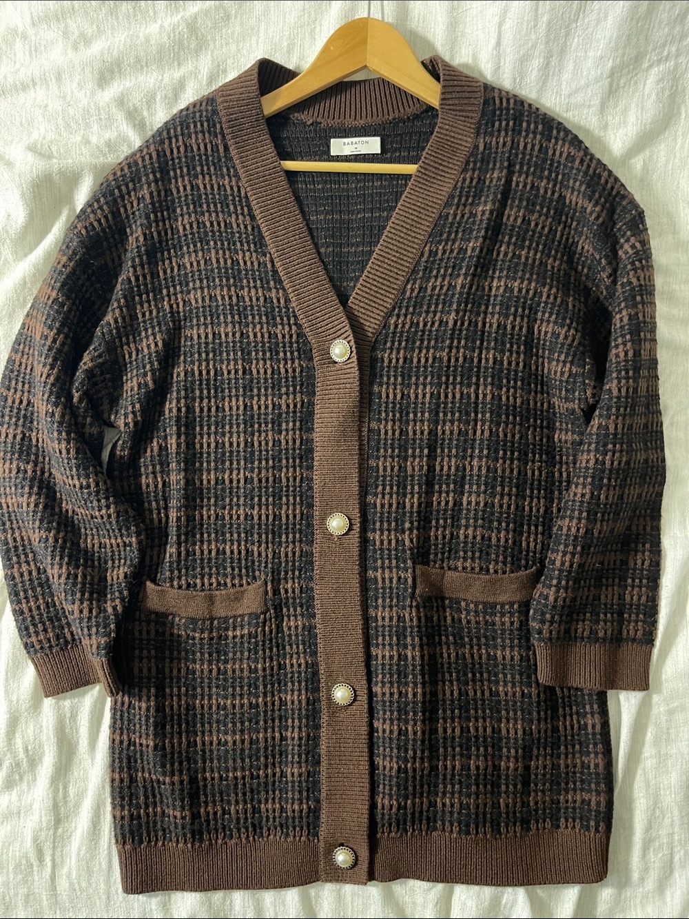 Babaton Brown Plaid Longline Cardigan with Pearl Buttons